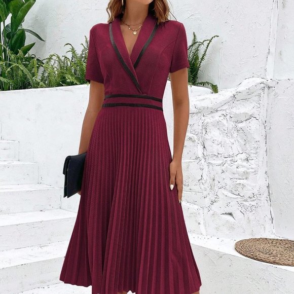 . Dresses & Skirts - Burgundy Preppy Womens Contrast Binding Pleated Hem Dress